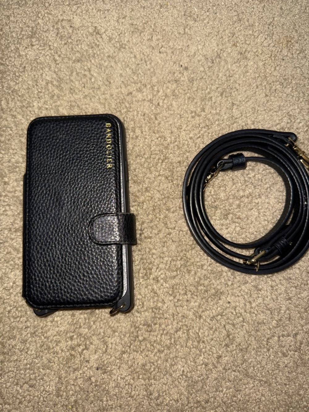 Bandolier Black Leather Wallet Crossbody Case with Detachable Strap Hailey folio